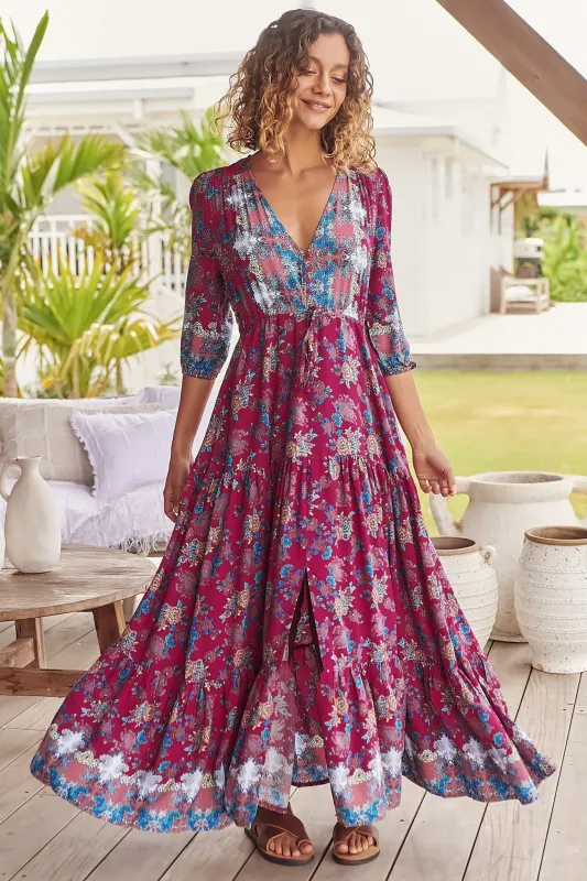 Tessa Maxi Dress - A Line Pull Tie Waist Dress in Strawberry Kiss Print sold by Salty Crush