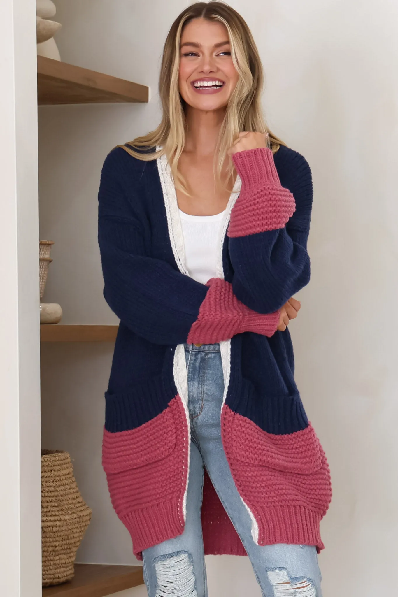 Bessie Cardigan - Color Block Open Knit in Navy sold by Salty Crush product image thumbnail 2