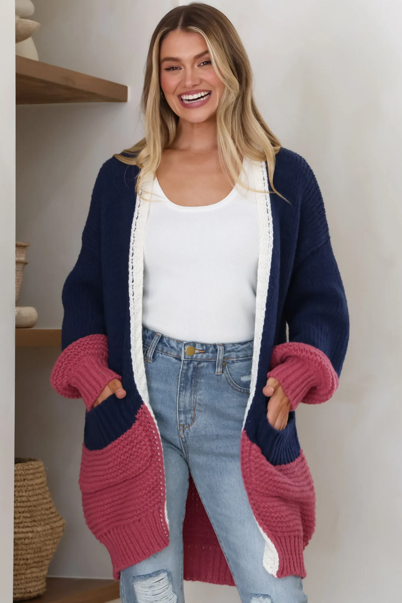 Bessie Cardigan - Color Block Open Knit in Navy sold by Salty Crush product image thumbnail 3