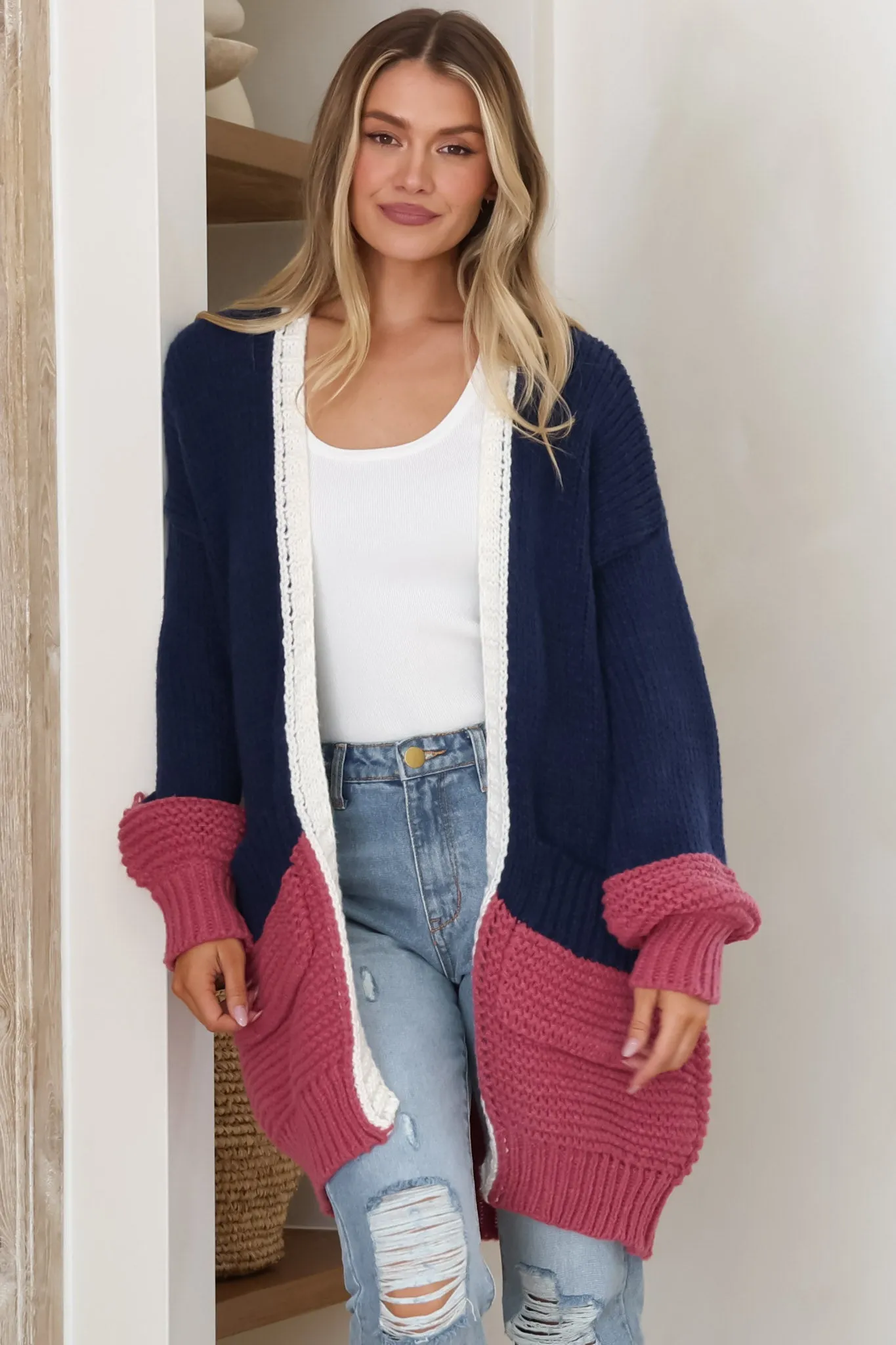 Bessie Cardigan - Color Block Open Knit in Navy sold by Salty Crush product image thumbnail 4