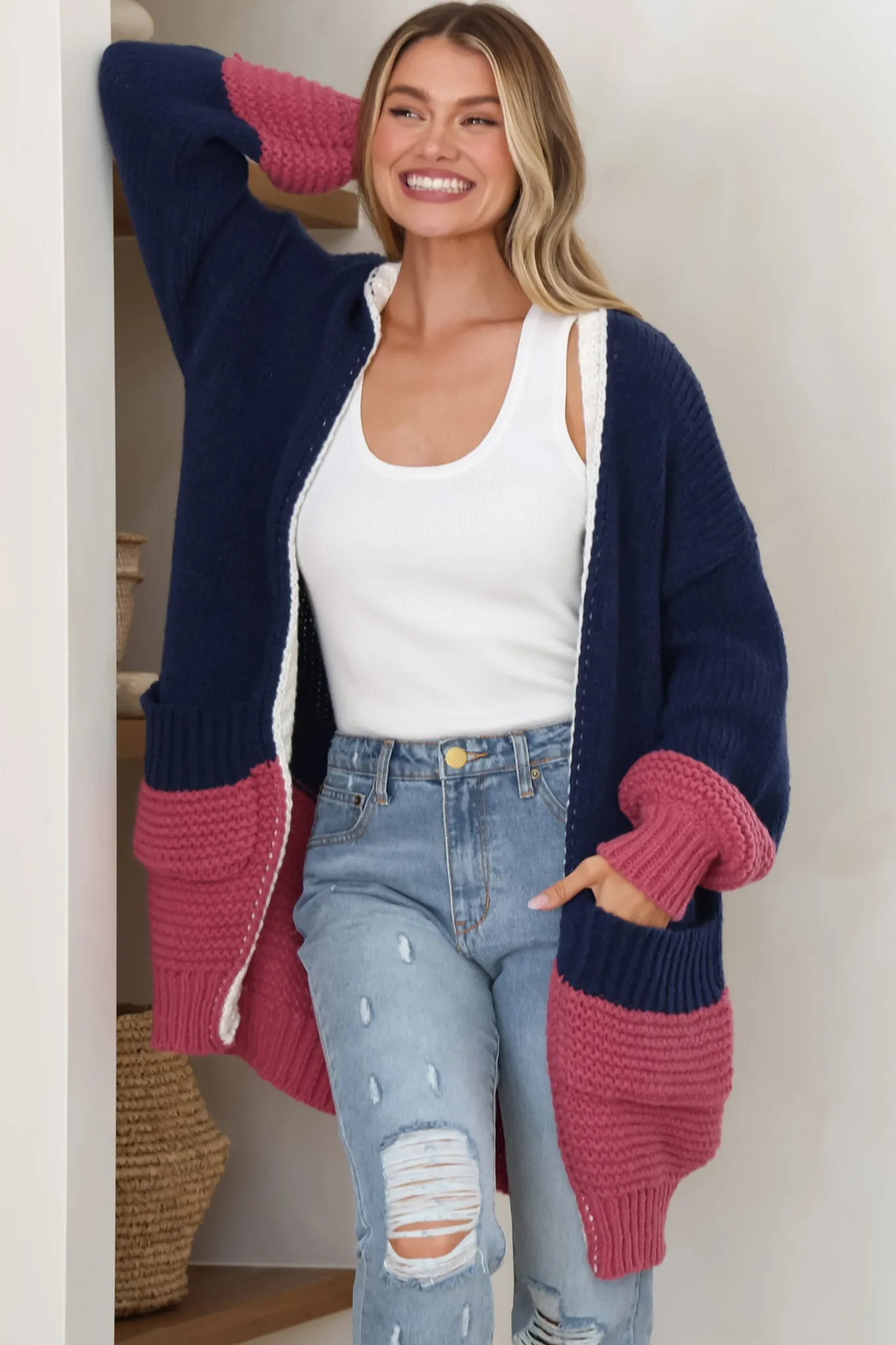 Bessie Cardigan - Color Block Open Knit in Navy sold by Salty Crush