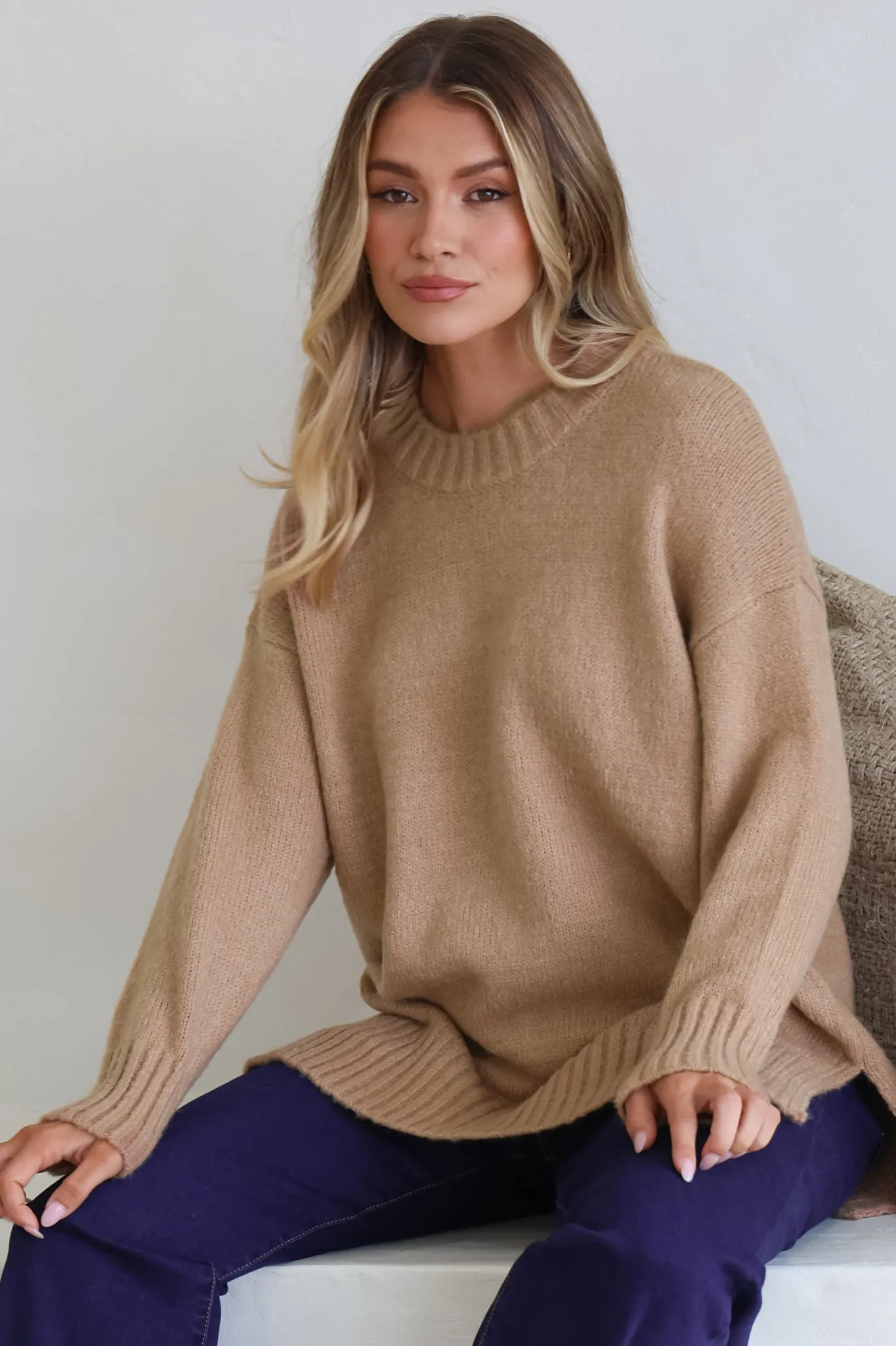 Sammy Jumper - Crew Neck Ribbed Shark Bite Hemline Jumper in Camel sold by Salty Crush product image thumbnail 3