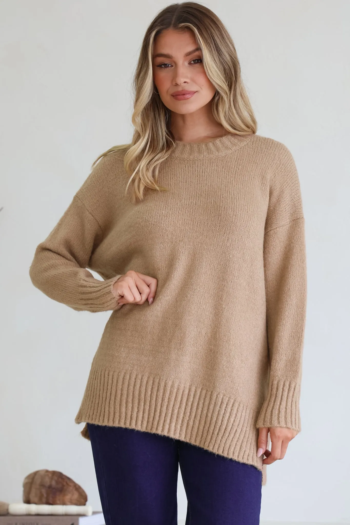 Sammy Jumper - Crew Neck Ribbed Shark Bite Hemline Jumper in Camel sold by Salty Crush product image thumbnail 5