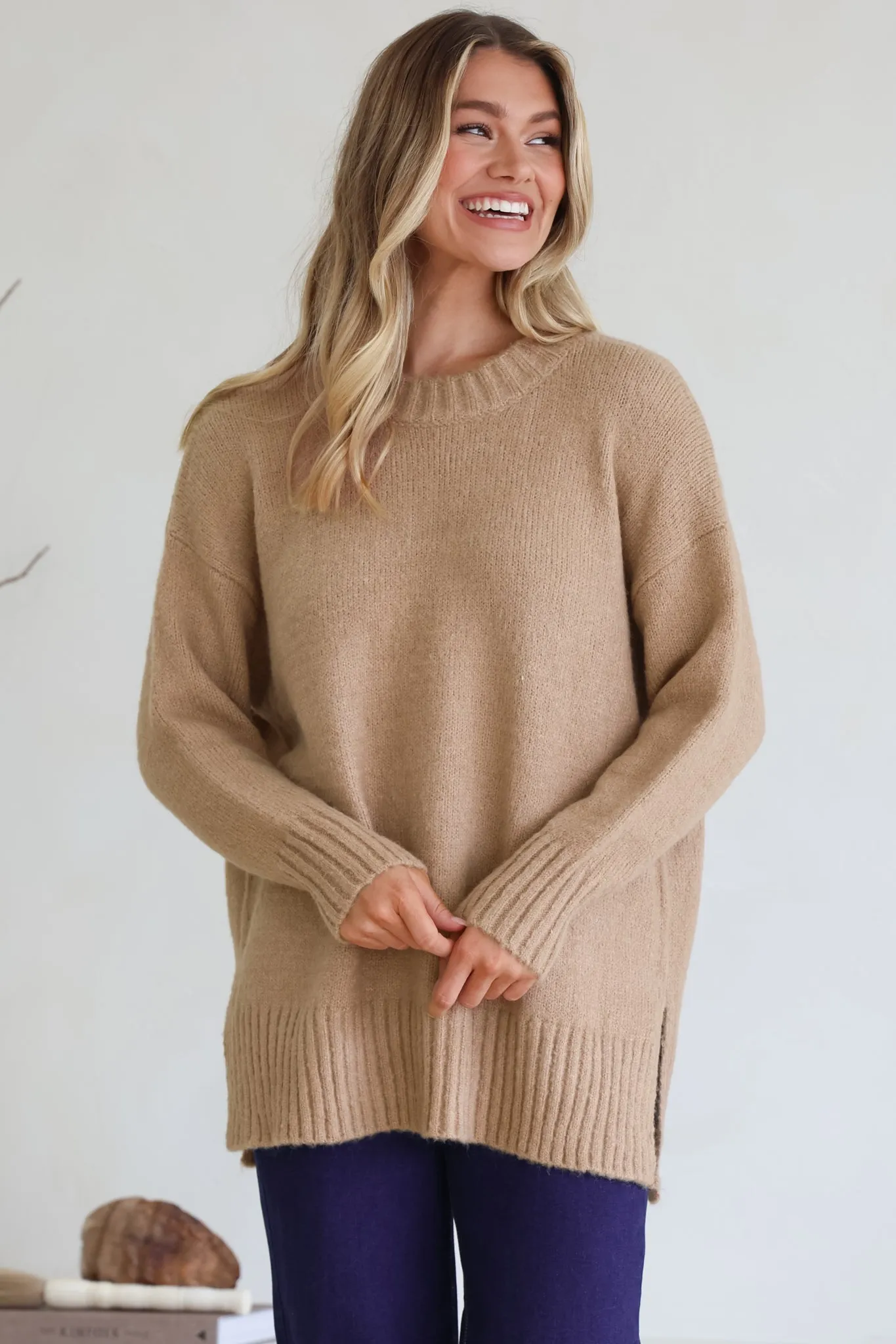 Sammy Jumper - Crew Neck Ribbed Shark Bite Hemline Jumper in Camel sold by Salty Crush product image thumbnail 4