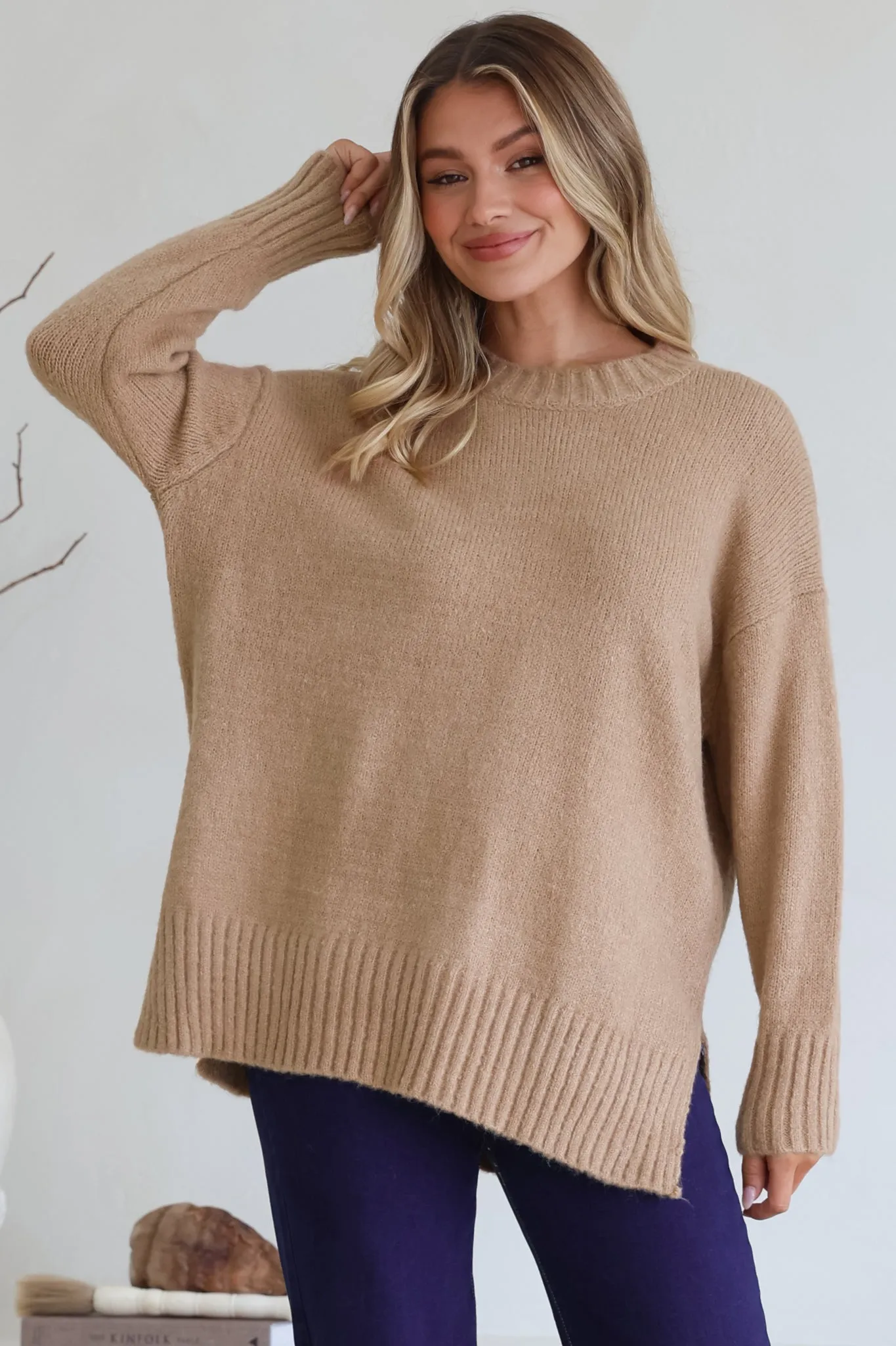 Sammy Jumper - Crew Neck Ribbed Shark Bite Hemline Jumper in Camel sold by Salty Crush product image thumbnail 2