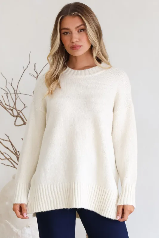 Sammy Jumper - Crew Neck Ribbed Shark Bite Hemline Jumper in Cream sold by Salty Crush