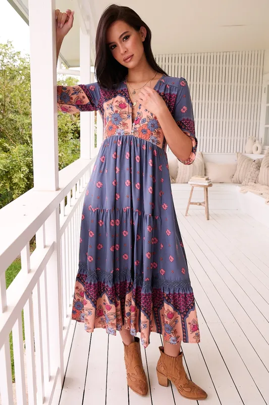 Eve Lace Midi Dress - V Neck Tiered Dress with Option Waist Tie in Laney Print sold by Salty Crush