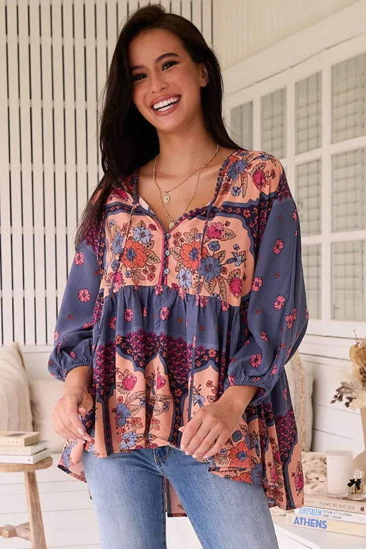 Chloe Top - Very Oversized Crochet Trim Neckline Smock Top in Laney Print sold by Salty Crush