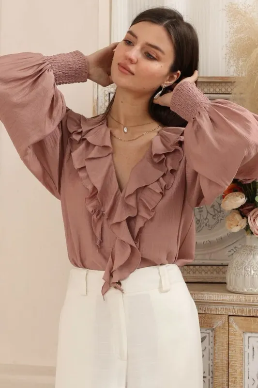 Freya Blouse - Frill V-Neckline Balloon Sleeve Blouse in Dusty-Rose made by Salty Crush