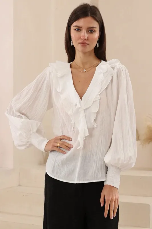 Freya Blouse - Frill V-Neckline Balloon Sleeve Blouse in White made by Salty Crush
