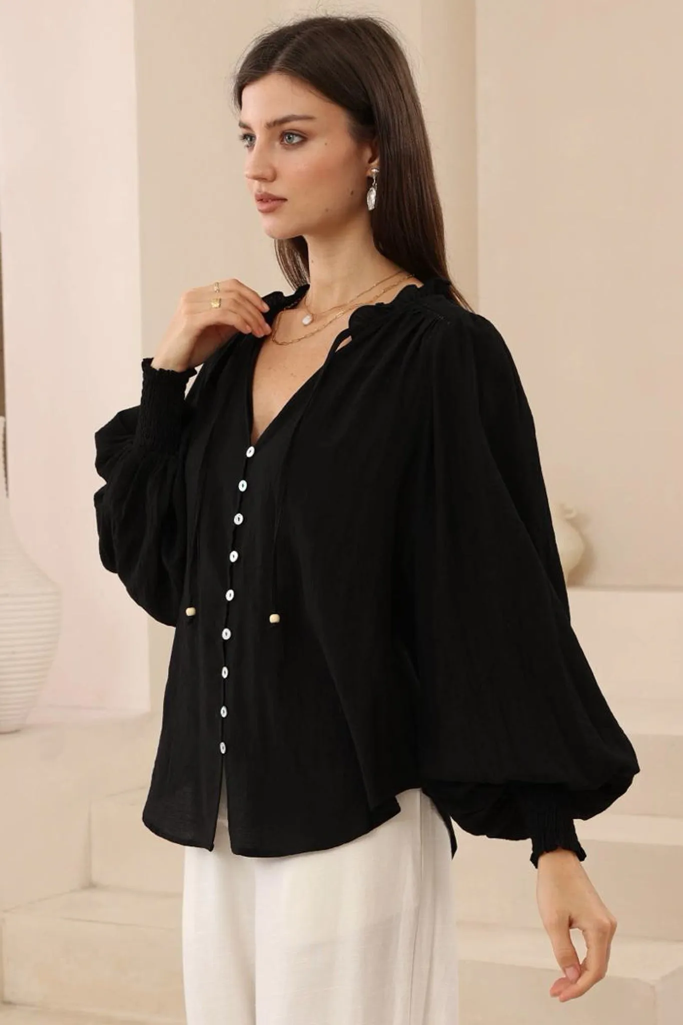 Violet Blouse - Frill Collar Button Down Balloon Sleeve Blouse In Black sold by Salty Crush product image thumbnail 4