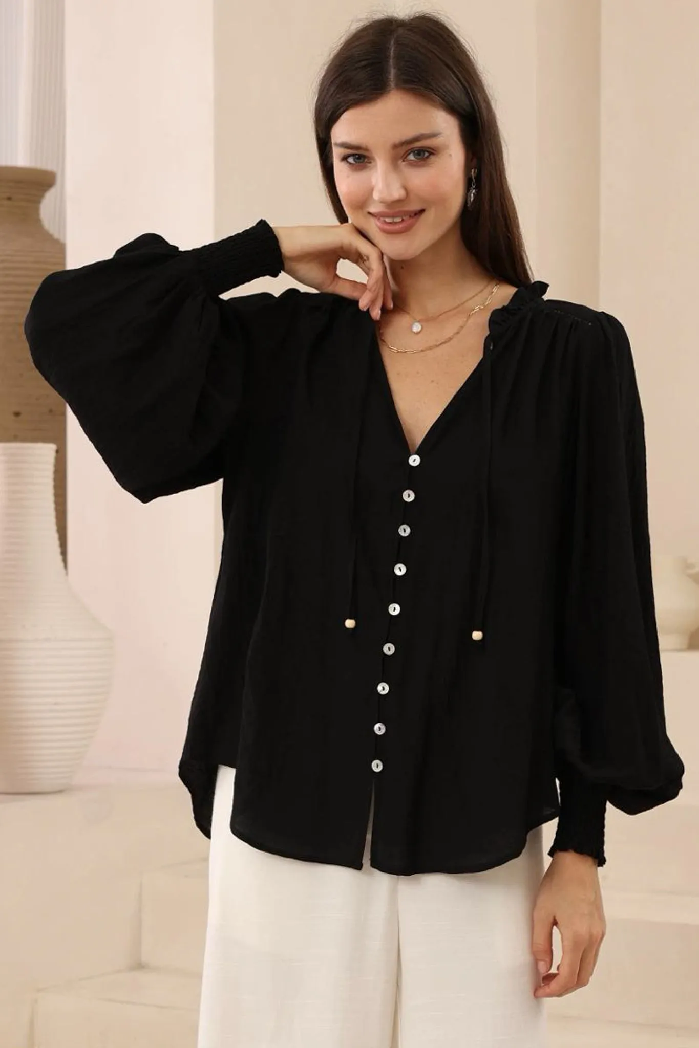 Violet Blouse - Frill Collar Button Down Balloon Sleeve Blouse In Black sold by Salty Crush