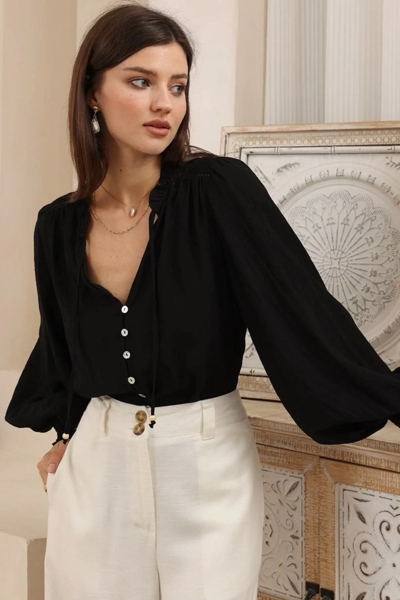 Violet Blouse - Frill Collar Button Down Balloon Sleeve Blouse In Black sold by Salty Crush product image thumbnail 2