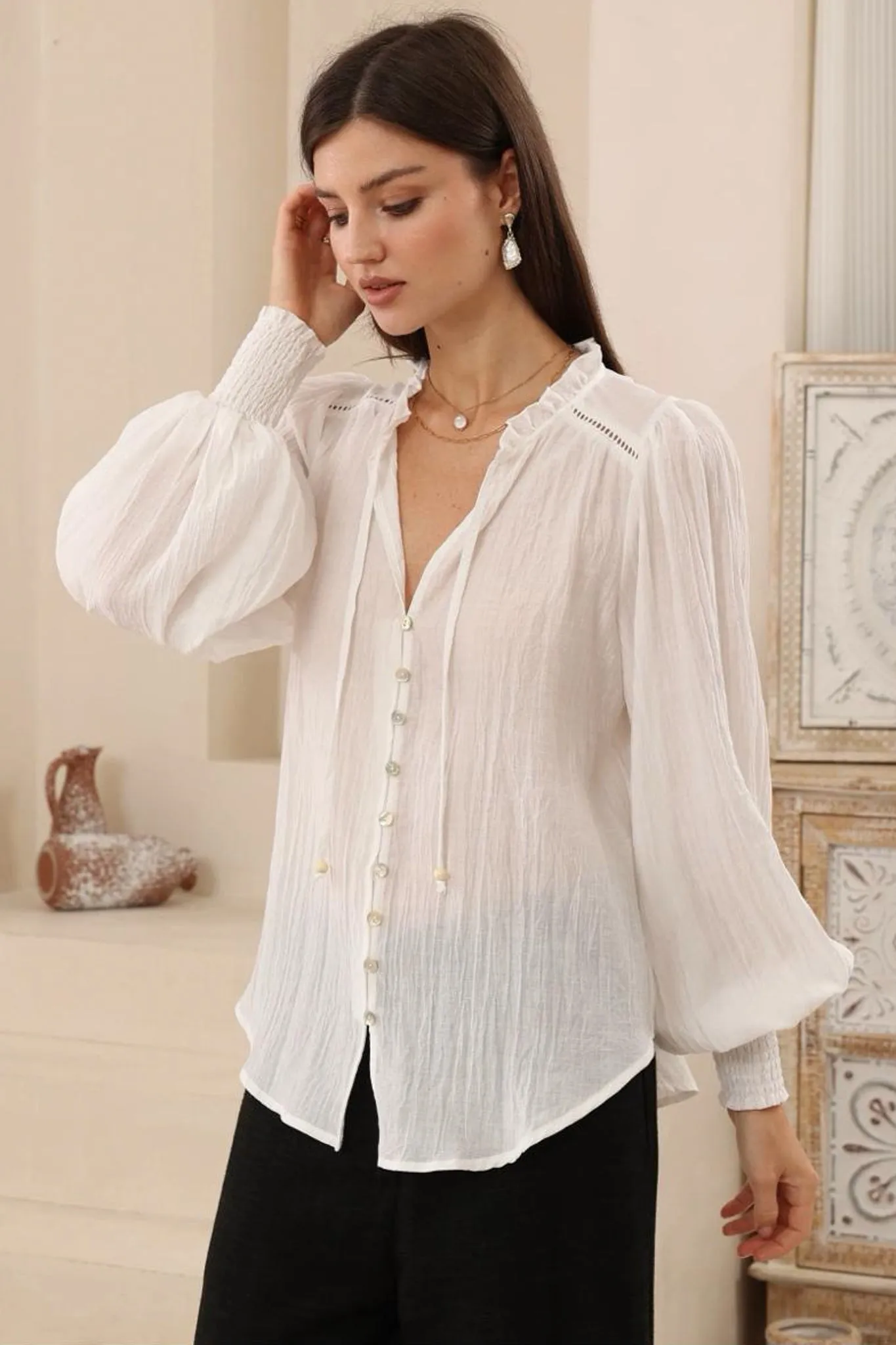 Violet Blouse - Frill Collar Button Down Balloon Sleeve Blouse In White sold by Salty Crush product image thumbnail 4