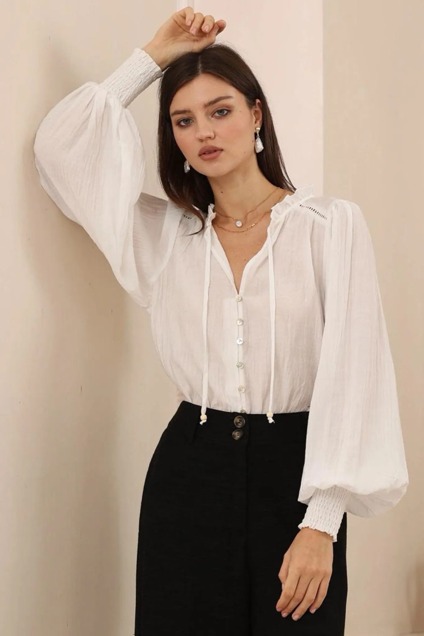 Violet Blouse - Frill Collar Button Down Balloon Sleeve Blouse In White sold by Salty Crush product image thumbnail 2