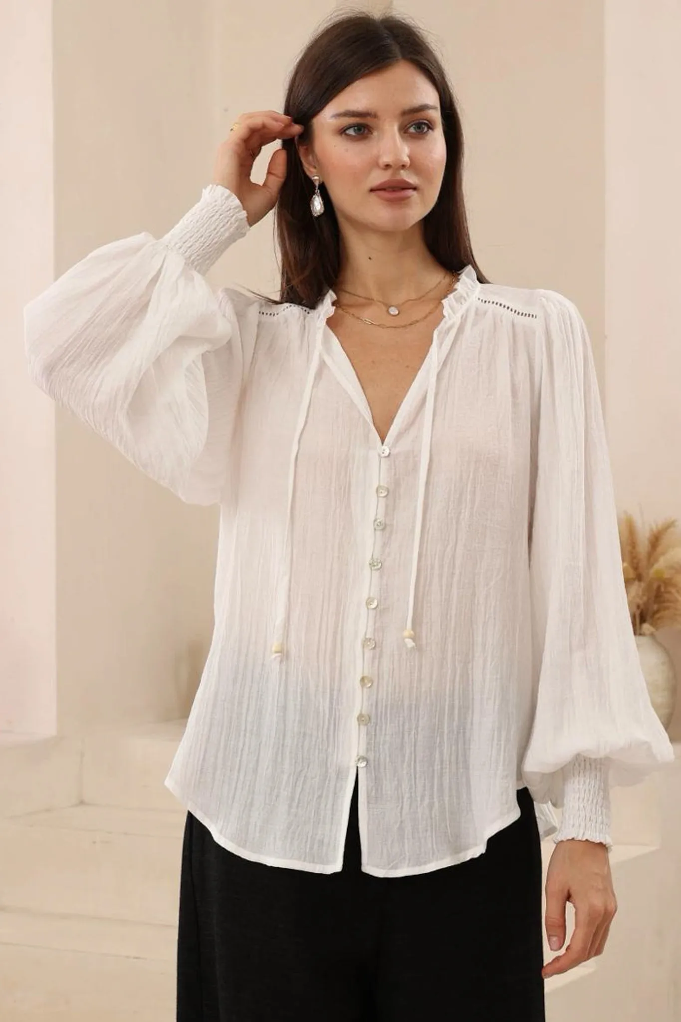 Violet Blouse - Frill Collar Button Down Balloon Sleeve Blouse In White sold by Salty Crush