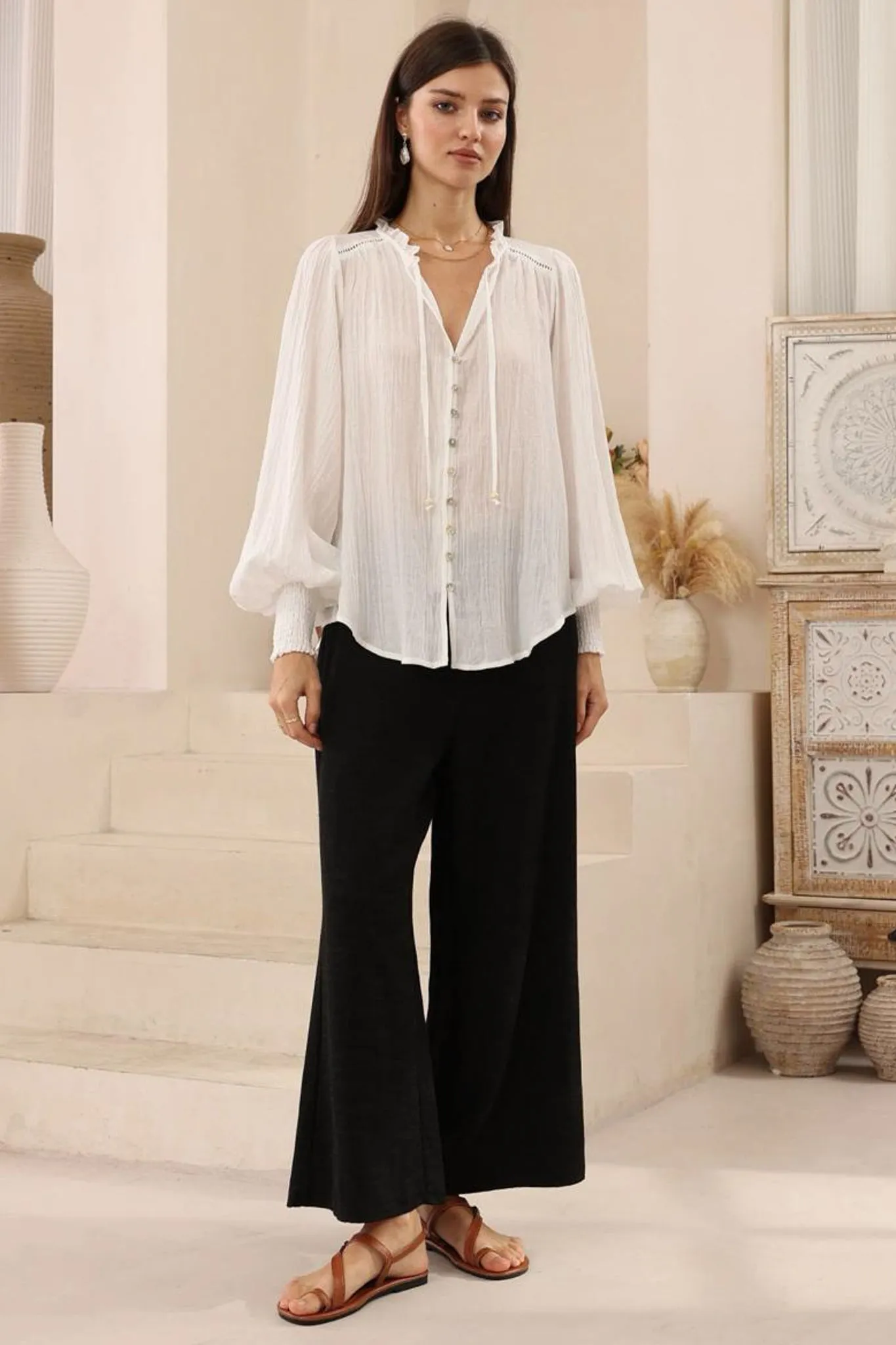 Violet Blouse - Frill Collar Button Down Balloon Sleeve Blouse In White sold by Salty Crush product image thumbnail 3