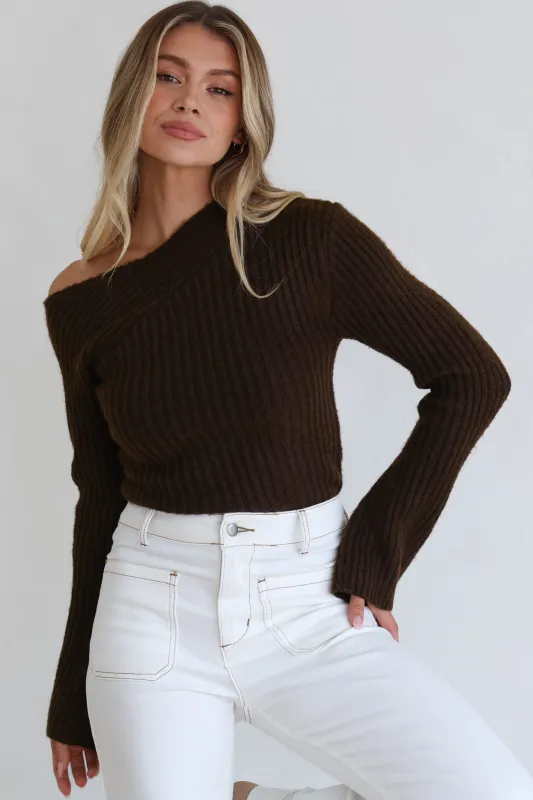 River Knit Top - Off Shoulder Flute Sleeve Ribbed Knit Top in Chocolate sold by Salty Crush