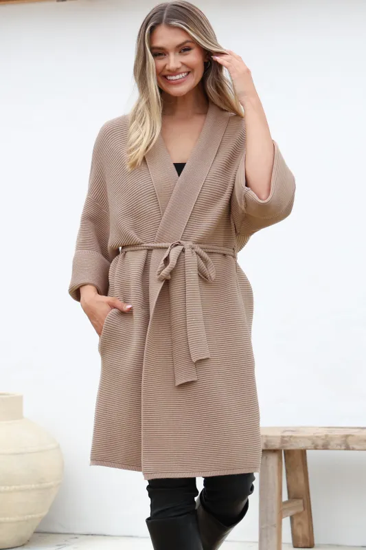 Navie Cardigan - Rolled Collar Ribbed Texture Cardigan with Waist Tie in Camel sold by Salty Crush