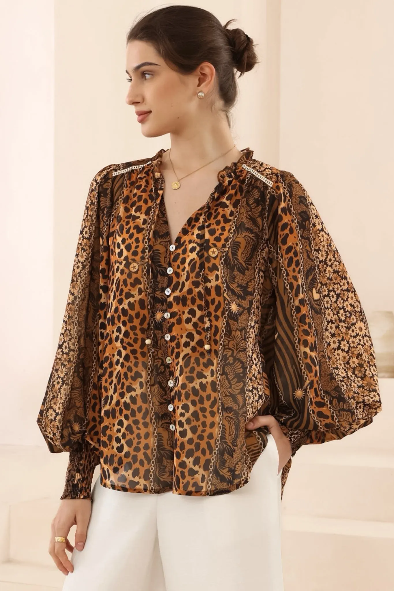 Violet Blouse - Frill Collar Button Down Balloon Sleeve Blouse In Riley Print sold by Salty Crush product image thumbnail 3