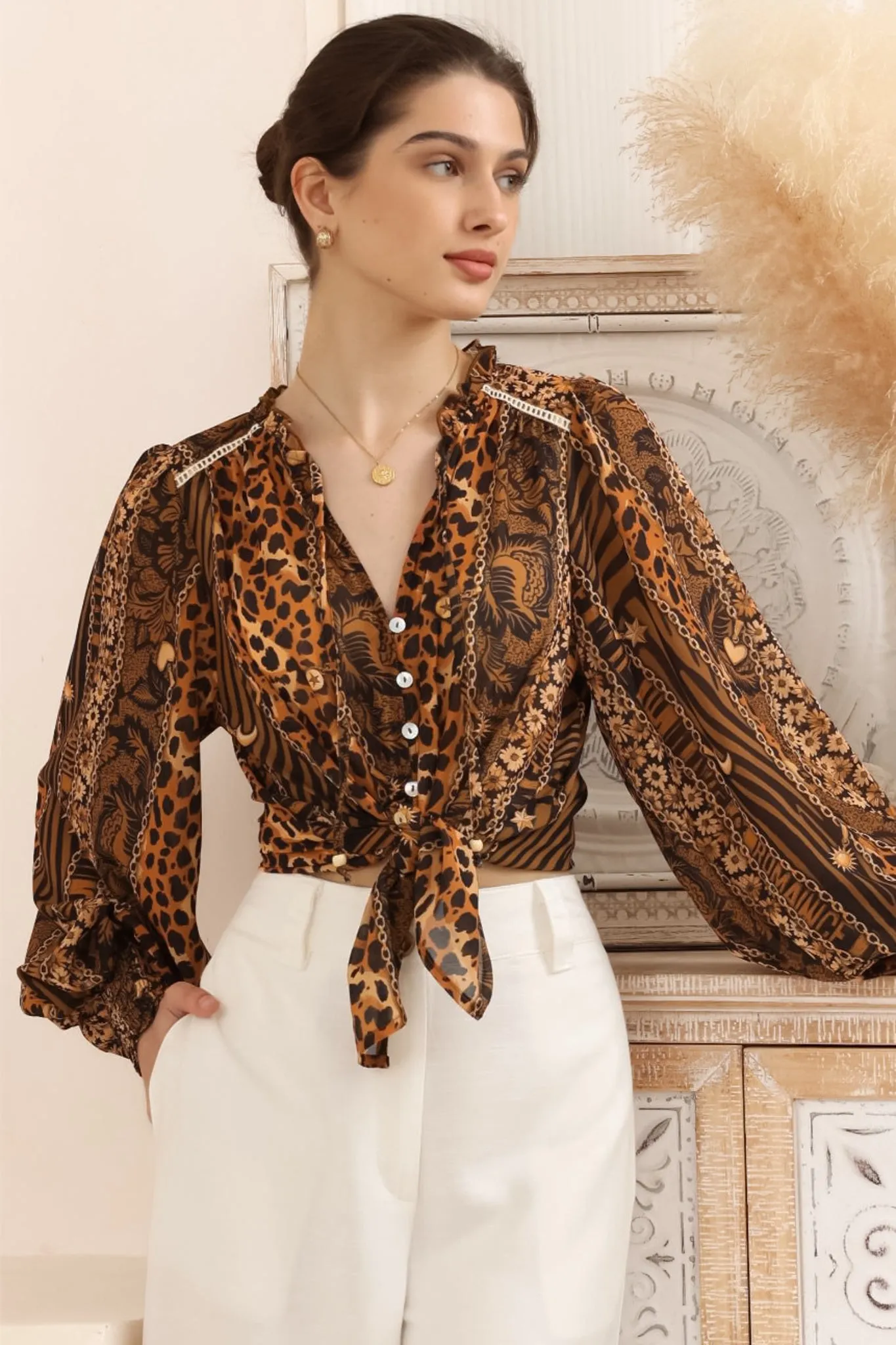 Violet Blouse - Frill Collar Button Down Balloon Sleeve Blouse In Riley Print sold by Salty Crush