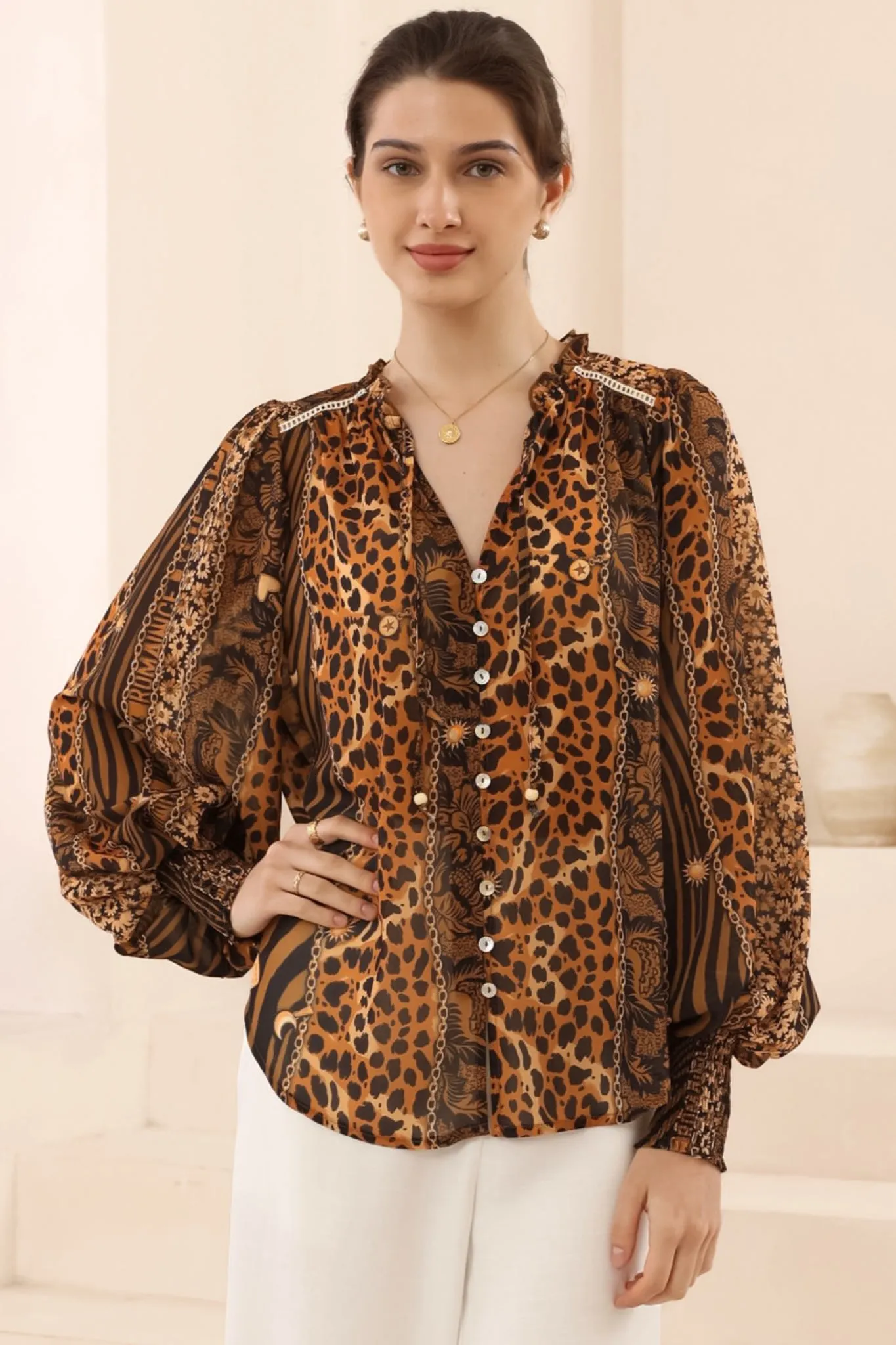 Violet Blouse - Frill Collar Button Down Balloon Sleeve Blouse In Riley Print sold by Salty Crush product image thumbnail 2