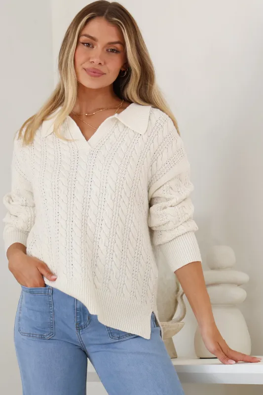Remy Jumper - Cable Knit Collared Jumper with Step Hem in Beige sold by Salty Crush