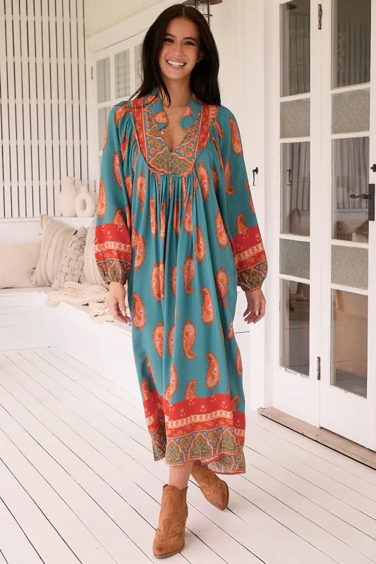 Boheme Midi Dress - Long Sleeve Piping Defined Bust Slimline Smock Dress in Melody Print sold by Salty Crush