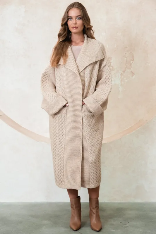 Campbell Cardigan - Long Oversized Cable Knit Cardigan with Pockets in Beige sold by Salty Crush