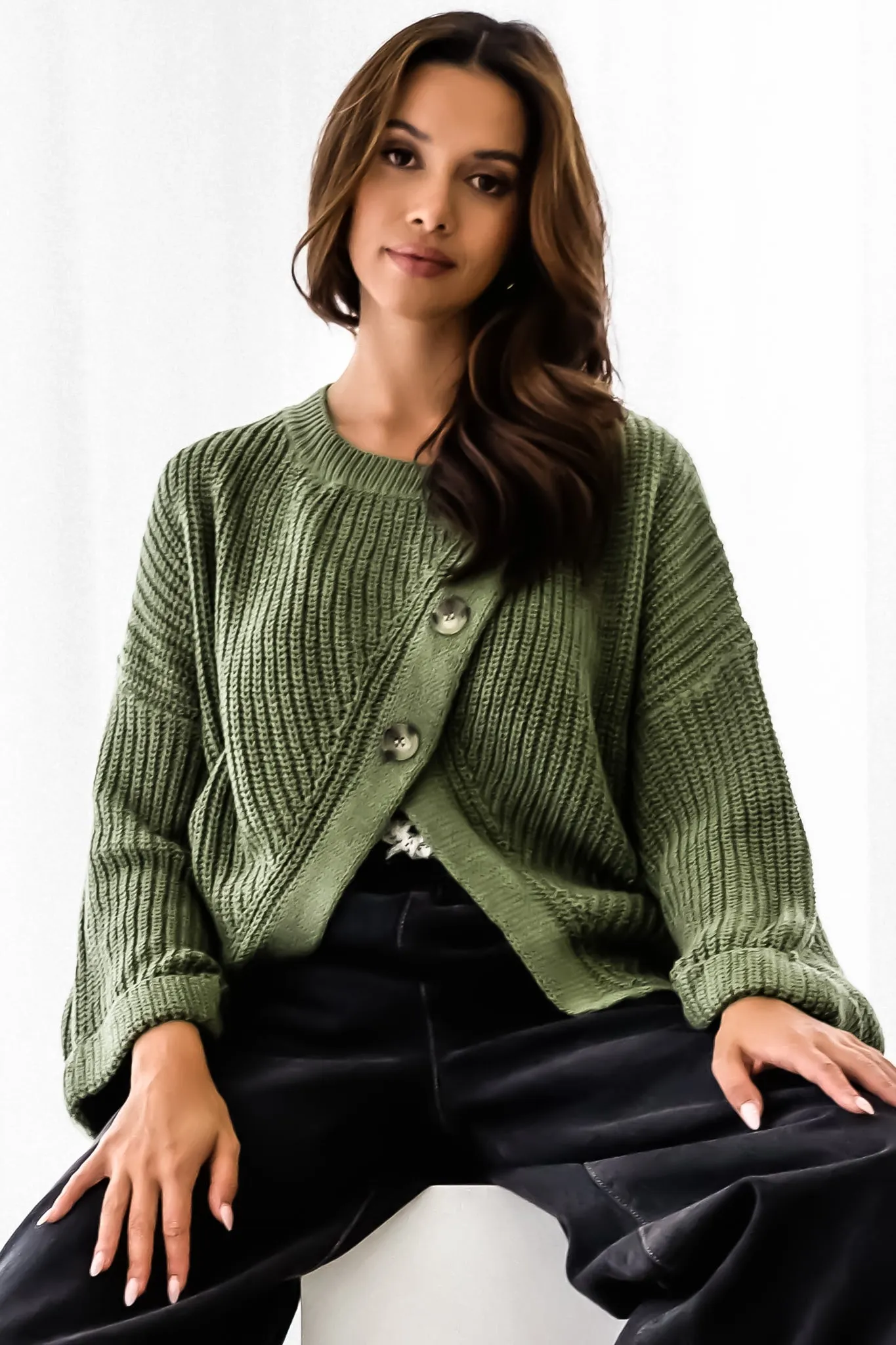 Casey Cardigan - Asymmetric Button Front Ribbed Cardigan in Olive sold by Salty Crush product image thumbnail 2