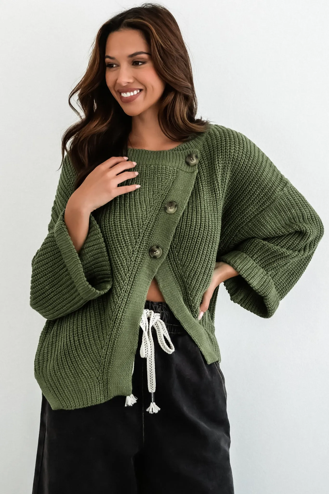 Casey Cardigan - Asymmetric Button Front Ribbed Cardigan in Olive sold by Salty Crush