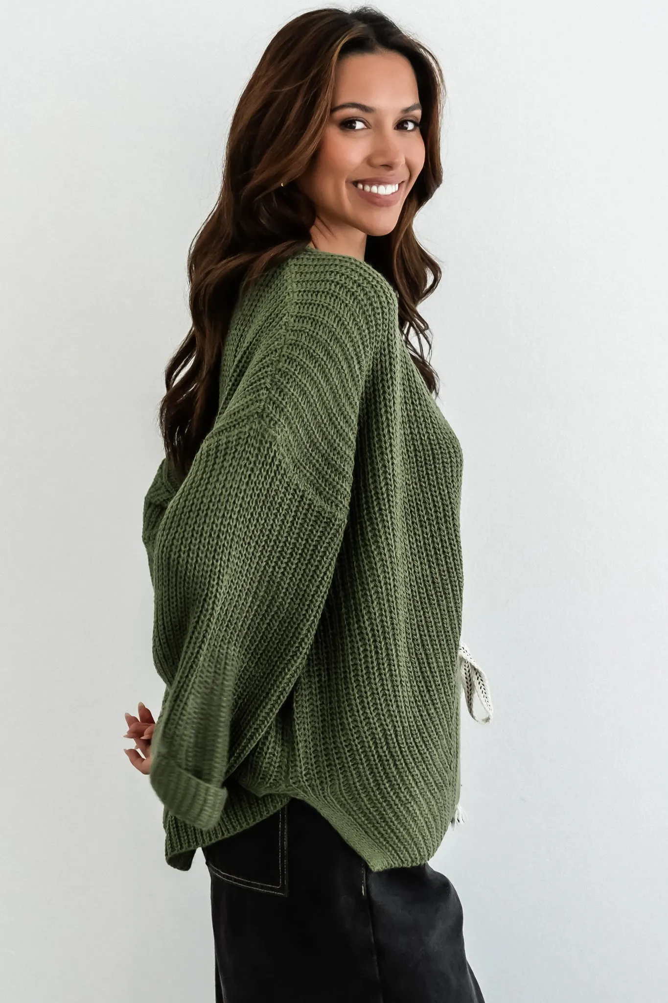 Casey Cardigan - Asymmetric Button Front Ribbed Cardigan in Olive sold by Salty Crush product image thumbnail 3