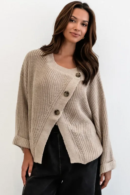 Casey Cardigan - Asymmetric Button Front Ribbed Cardigan in Oat sold by Salty Crush