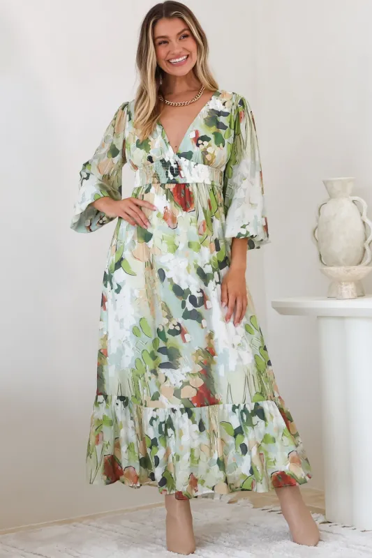 Violla Maxi Dress - V Neck Shirred Waist A Line Dress in Kamara Print Green sold by Salty Crush