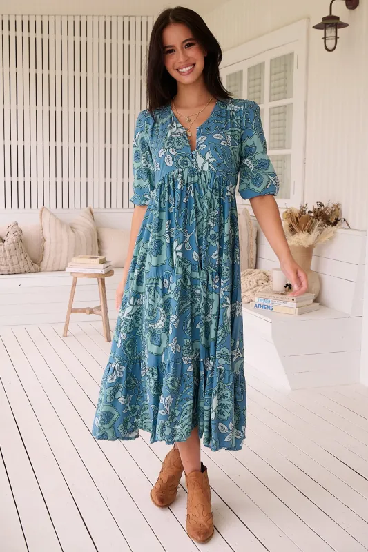 Eve Midi Dress - V Neck Tiered Dress with Option Waist Tie in Serenade Print sold by Salty Crush