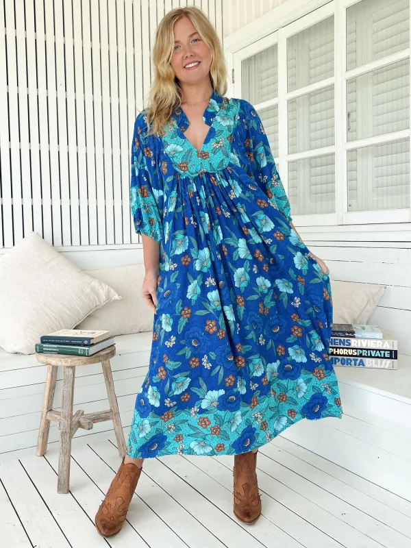 Boheme Midi Dress - Piping Defined Bust Slimline Smock Dress In Love in Mist Print sold by Salty Crush