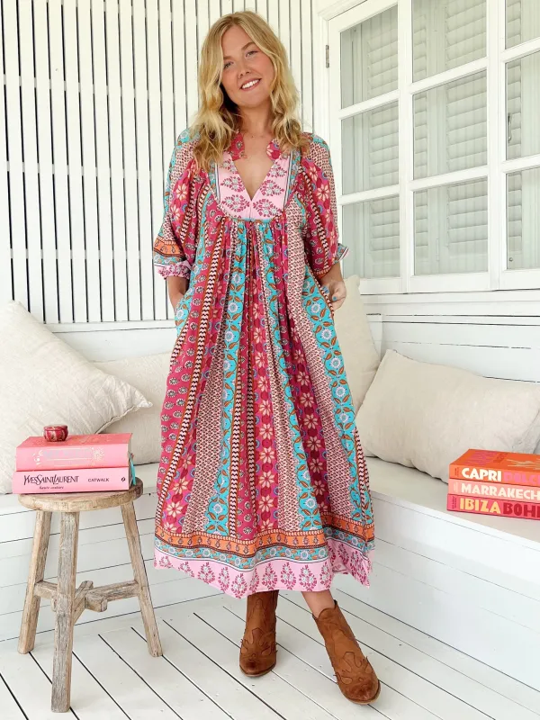 JAASE - Boheme Midi Dress: Piping Defined Bust Slimline Smock Dress in Cedella Print sold by Salty Crush