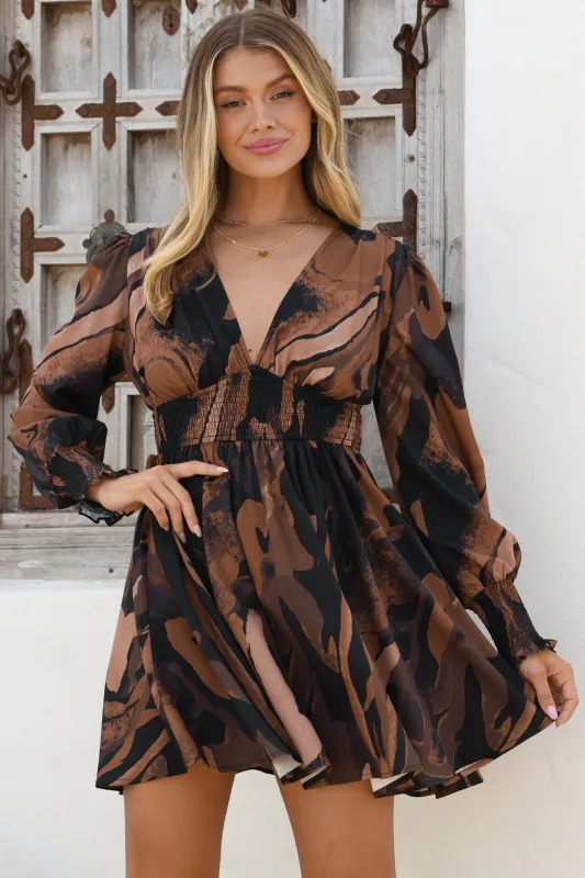 Celita Mini Dress - Deep V-Neck Dress with Flowing Skirt in Chelsea Print Brown sold by Salty Crush