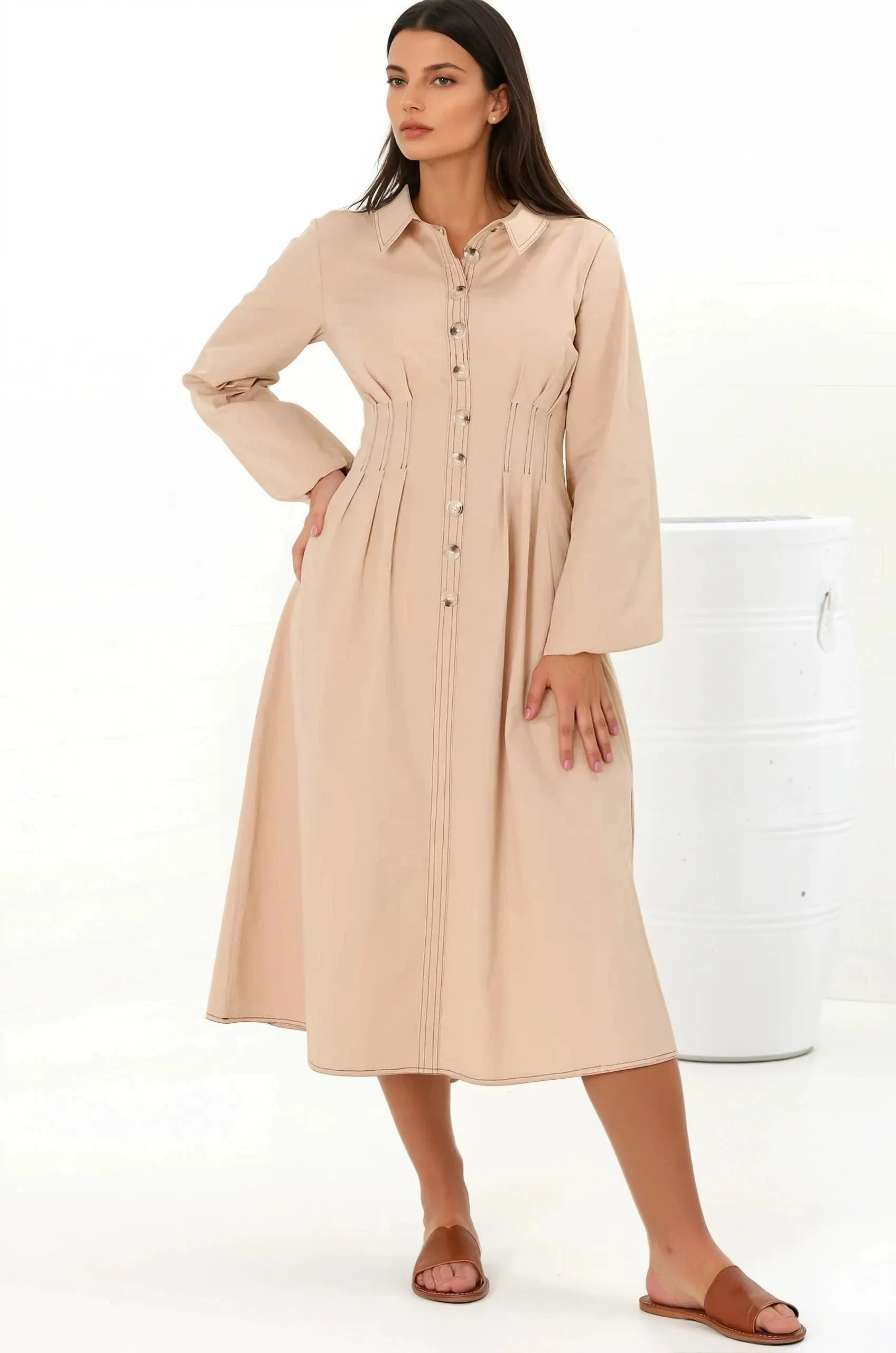 Adalyn Midi Dress - Collared A Line Dress with Cinched Waistline and Contrast Stitching in Beige sold by Salty Crush product image thumbnail 2