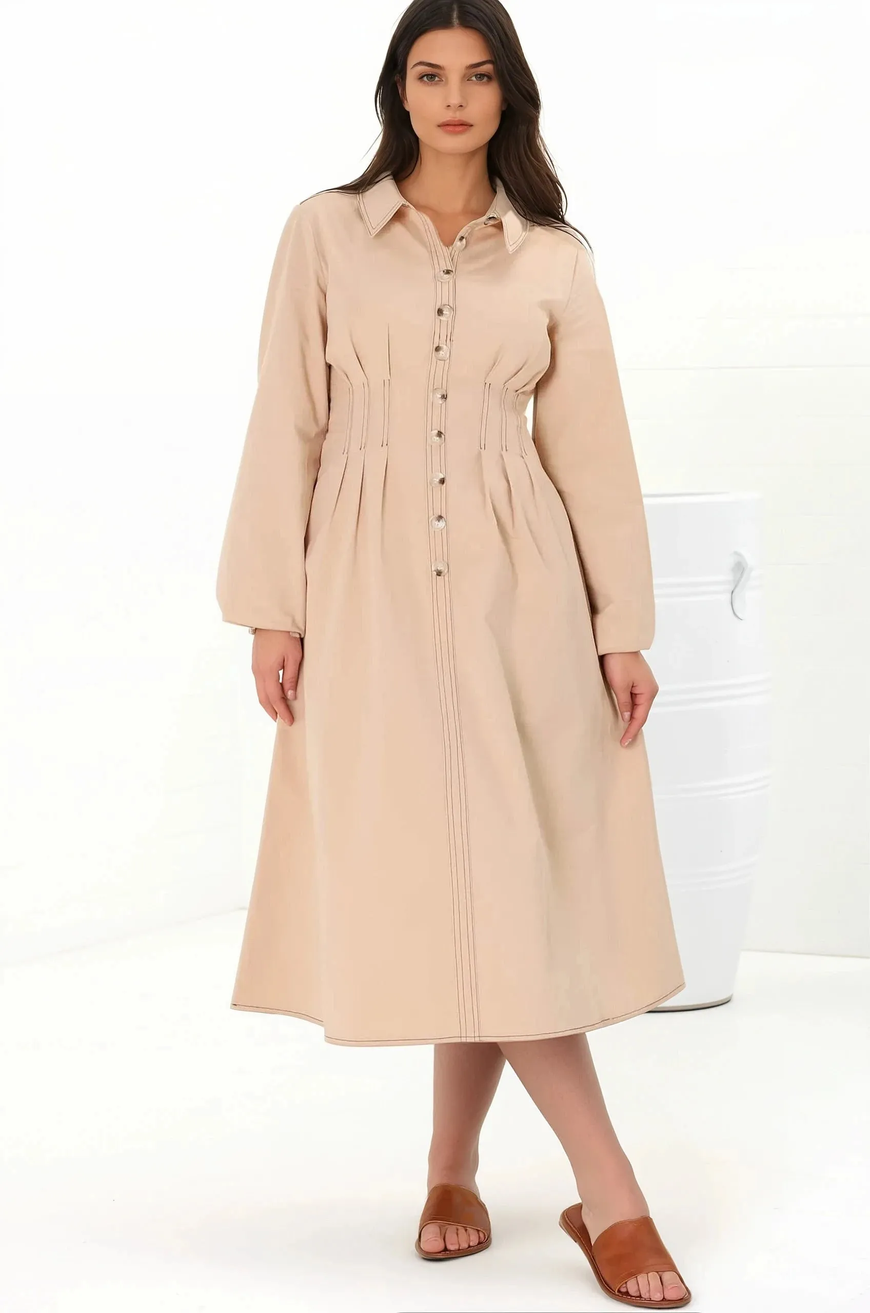 Adalyn Midi Dress - Collared A Line Dress with Cinched Waistline and Contrast Stitching in Beige sold by Salty Crush product image thumbnail 3