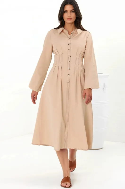 Adalyn Midi Dress - Collared A Line Dress with Cinched Waistline and Contrast Stitching in Beige sold by Salty Crush
