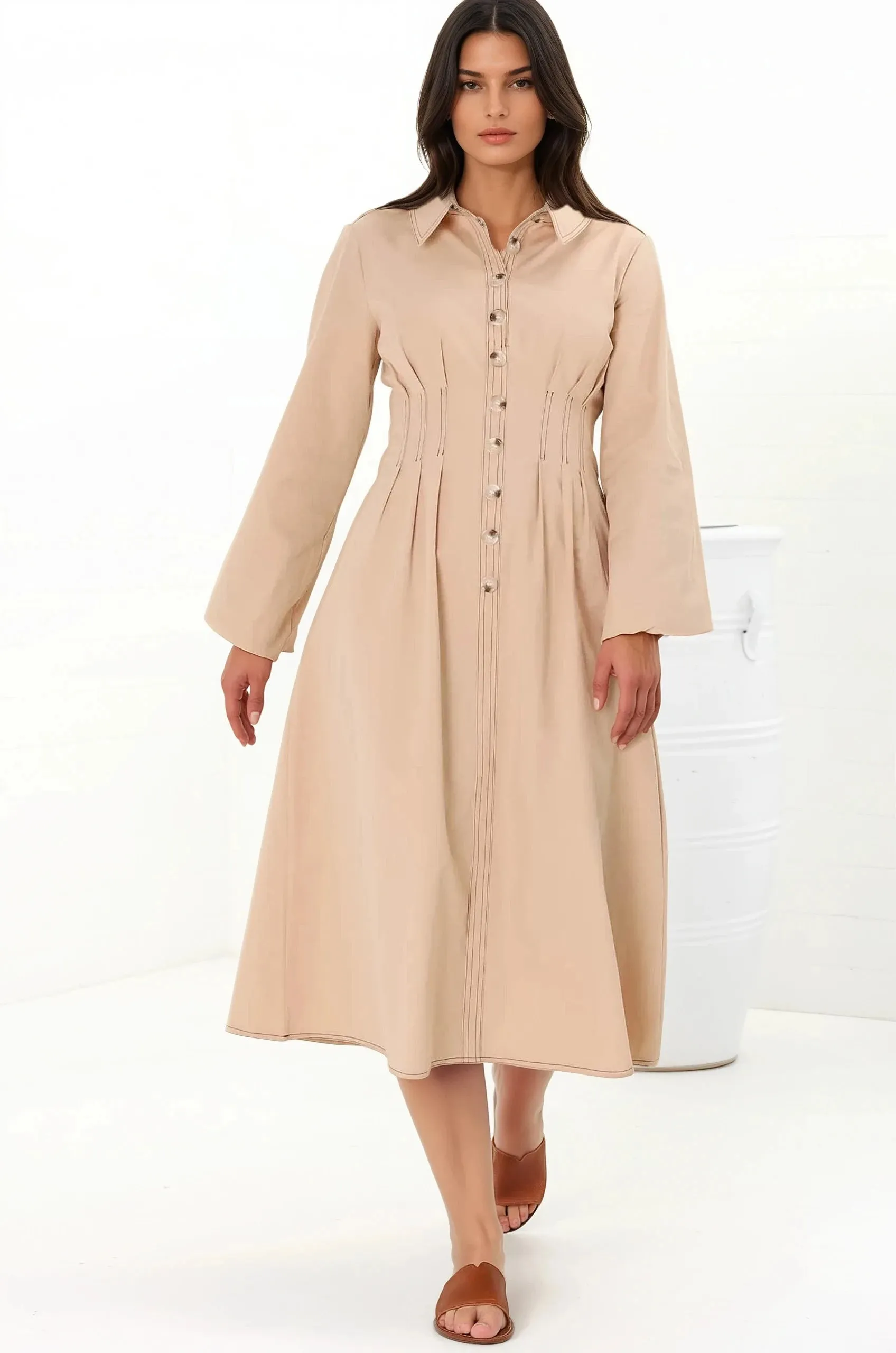 Adalyn Midi Dress - Collared A Line Dress with Cinched Waistline and Contrast Stitching in Beige sold by Salty Crush