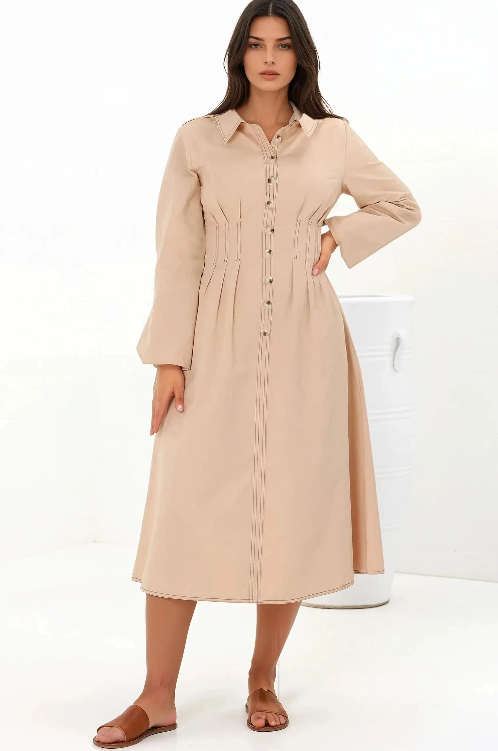 Adalyn Midi Dress - Collared A Line Dress with Cinched Waistline and Contrast Stitching in Beige sold by Salty Crush product image thumbnail 4