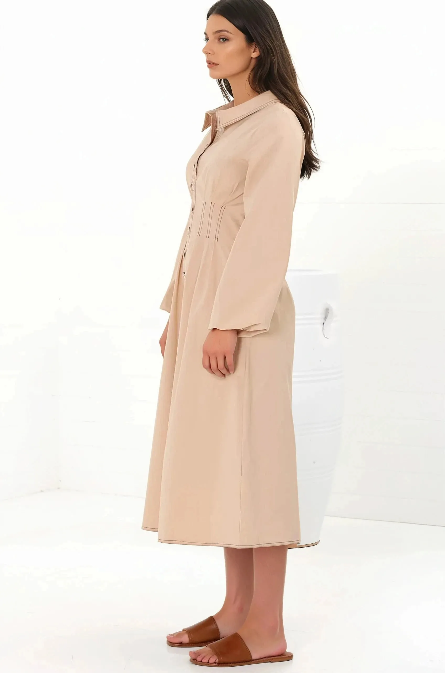 Adalyn Midi Dress - Collared A Line Dress with Cinched Waistline and Contrast Stitching in Beige sold by Salty Crush product image thumbnail 5