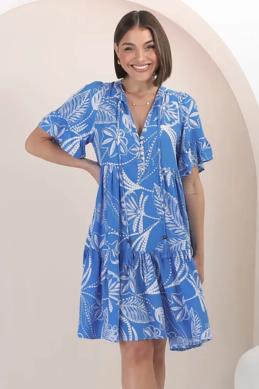 Abilia Mini Dress - Mandarin Collar Buttoned Bodice Smock Dress sold by Salty Crush