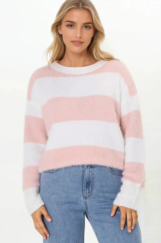 Bridget Jumper - Crew Neck Striped Jumper with Step Hem in Pink sold by Salty Crush