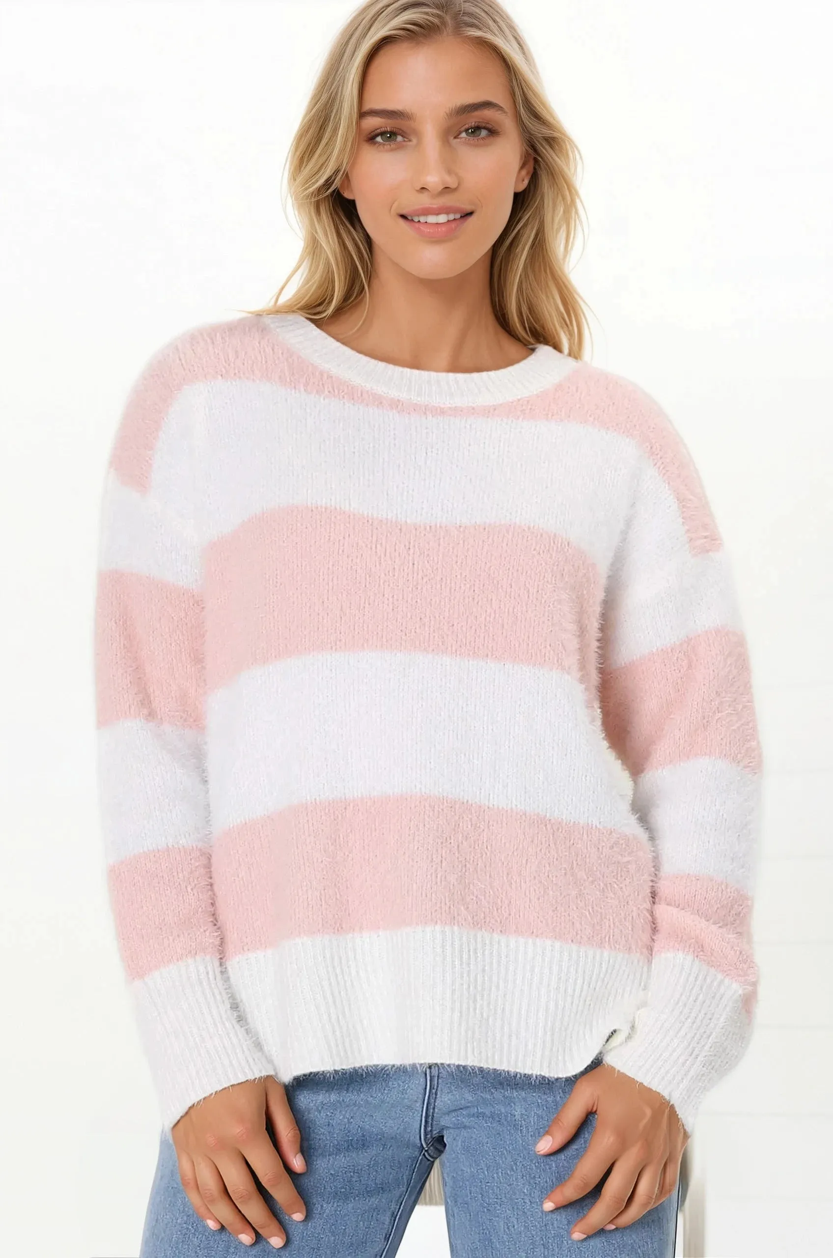 Bridget Jumper - Crew Neck Striped Jumper with Step Hem in Pink sold by Salty Crush product image thumbnail 4