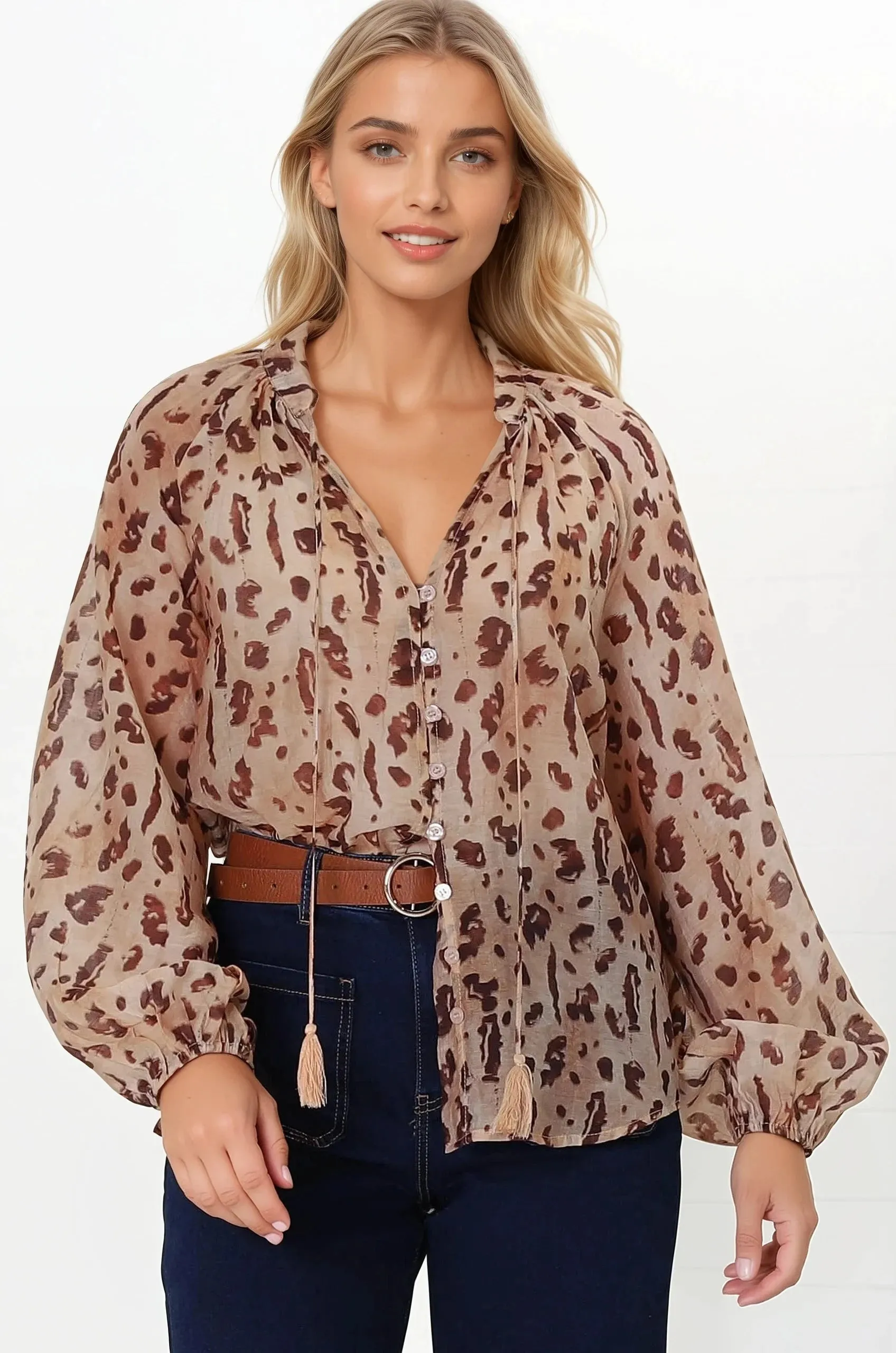 Bonnie Blouse - Button Down Scoop Hem Blouse in Leopard Print sold by Salty Crush product image thumbnail 3