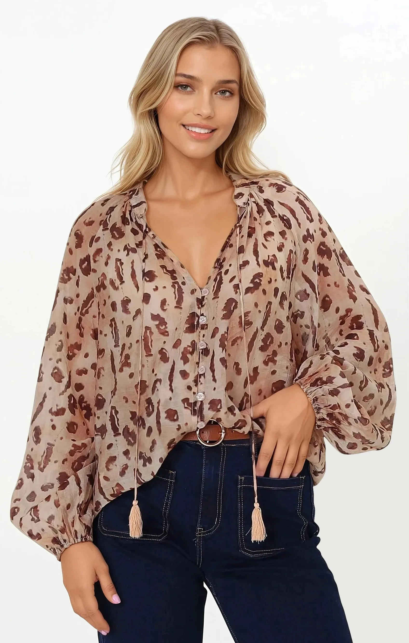 Bonnie Blouse - Button Down Scoop Hem Blouse in Leopard Print sold by Salty Crush product image thumbnail 5