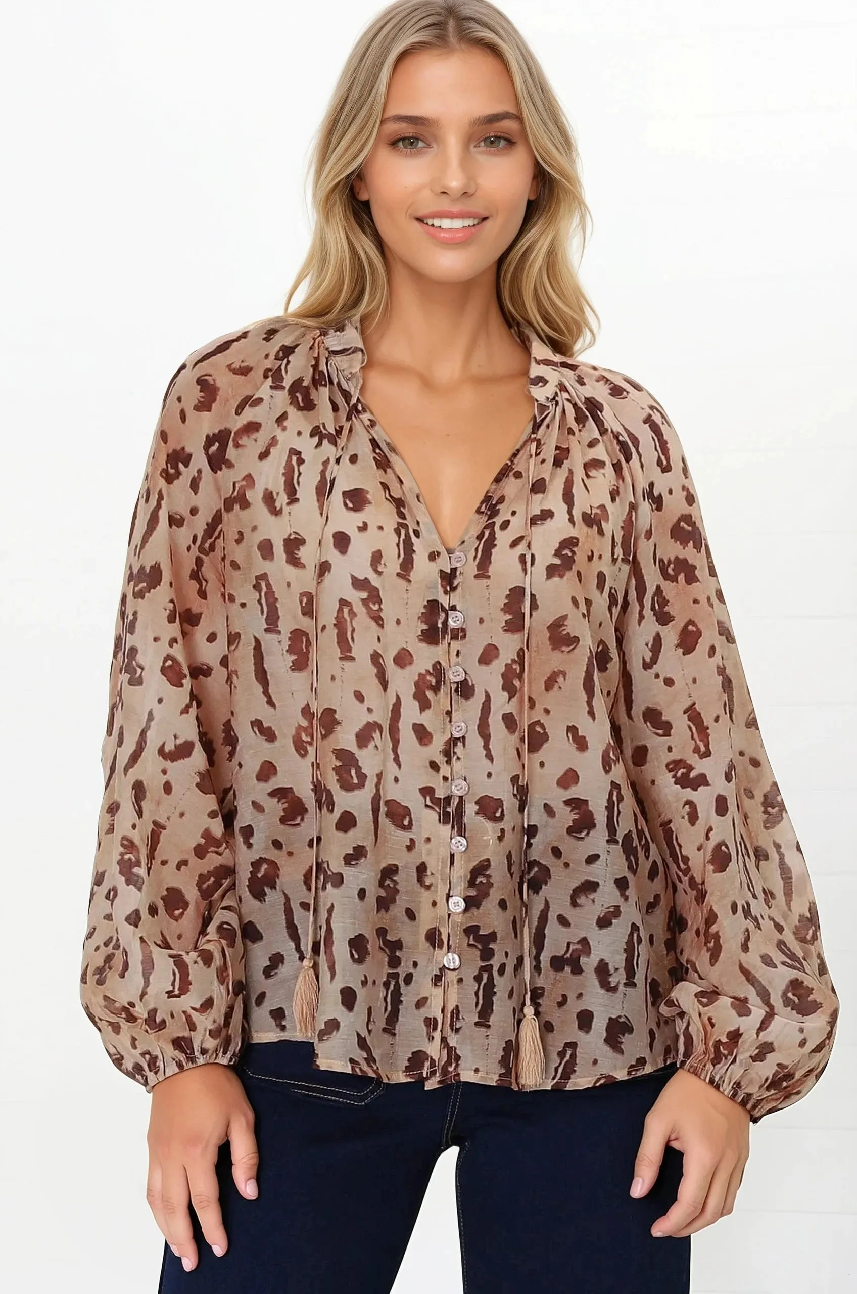Bonnie Blouse - Button Down Scoop Hem Blouse in Leopard Print sold by Salty Crush product image thumbnail 2